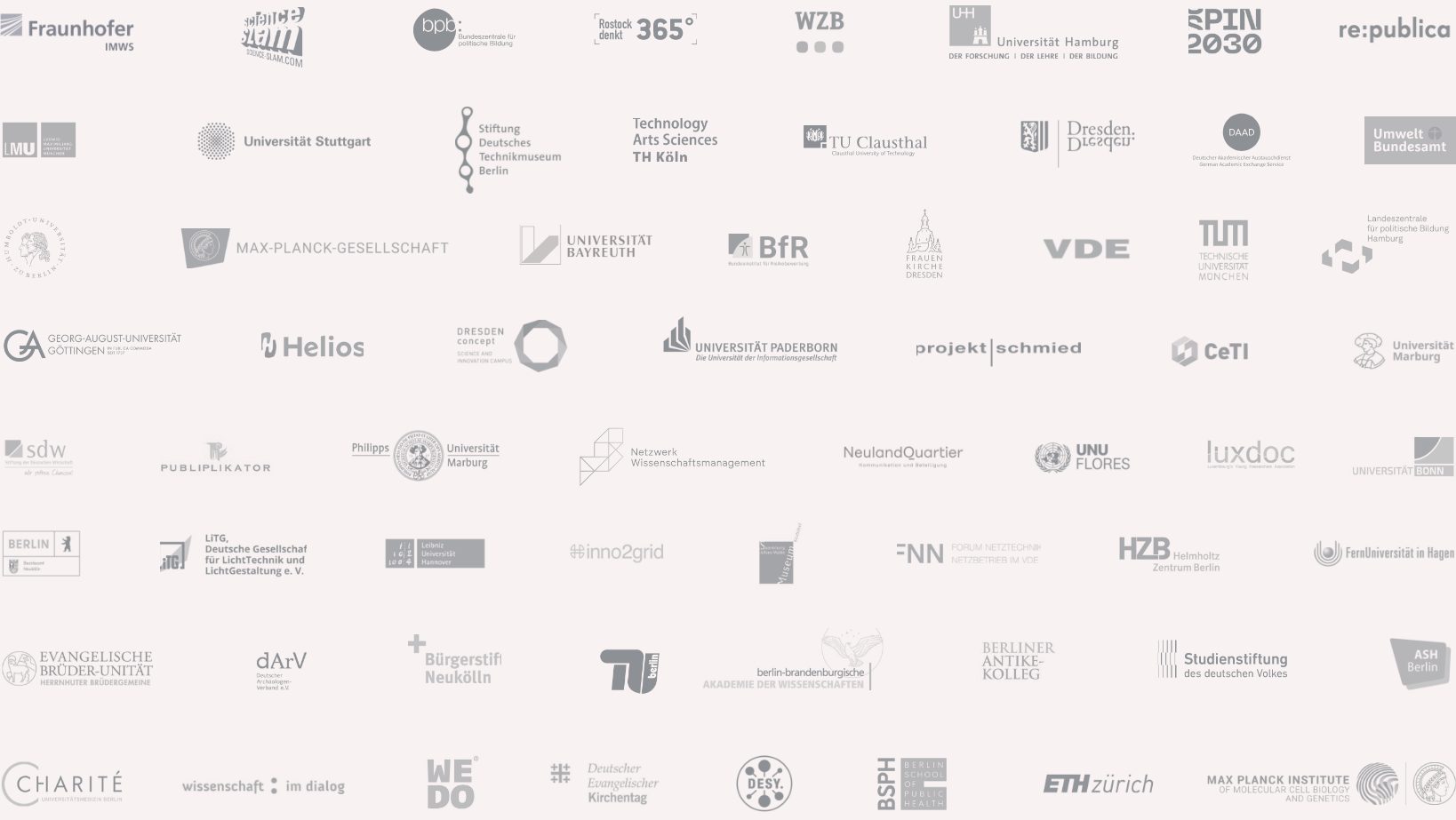 Logos der Auftraggeber und Referenzen, unter anderem Fraunhofer IMWS, Max-Planck-Gesellschaft, Charité, TU Berlin, Universität Hamburg, Umweltbundesamt und republica